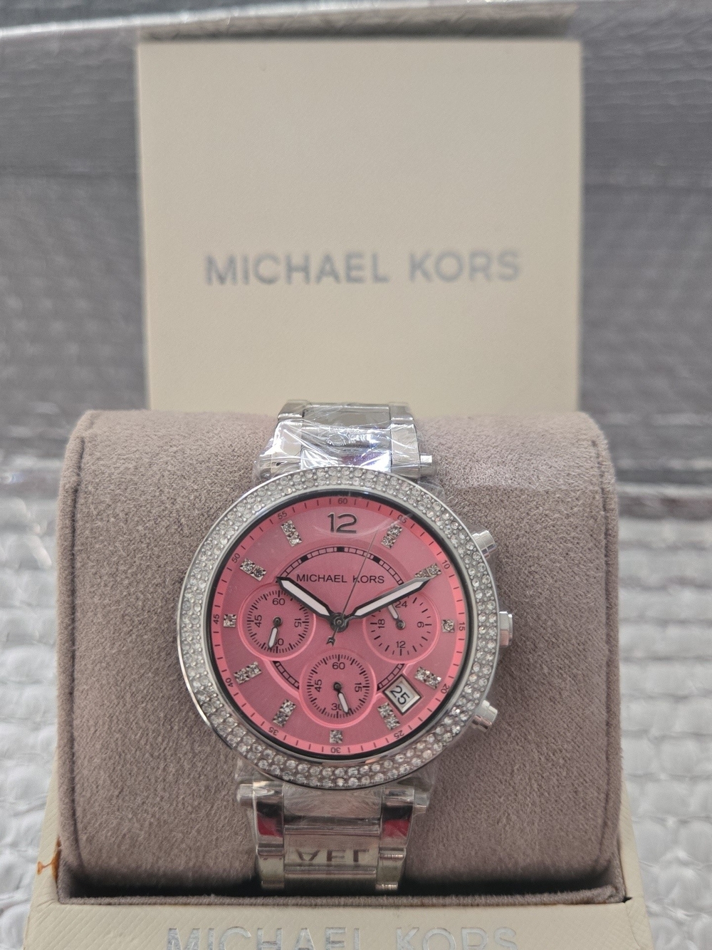 Michael Kors Silver Bracelet Watch with Pink Dial and Crystal Bezel